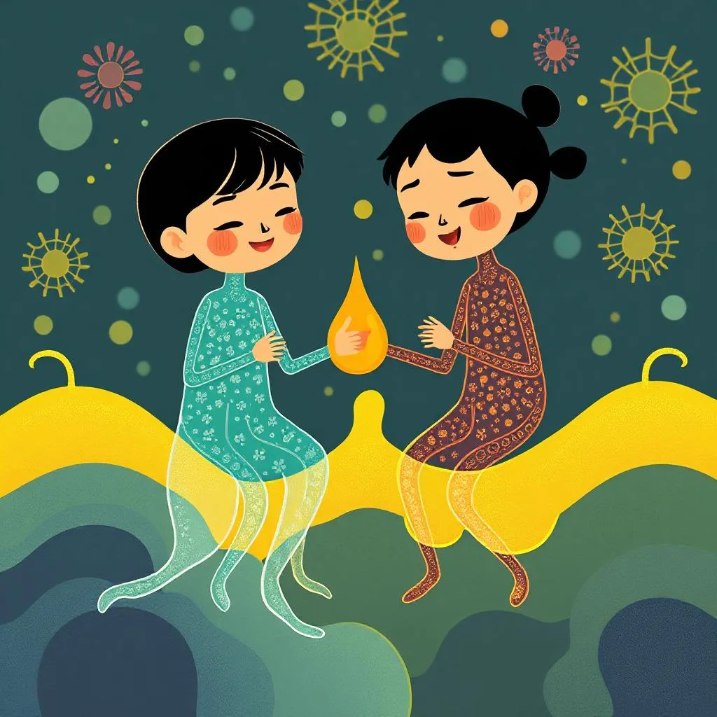 Ilustrasi sel-sel kulit yang saling berkomunikasi melalui sinyal kimiawi, dengan Niacinamide digambarkan sebagai penerjemah yang meningkatkan kejelasan komunikasi ini
